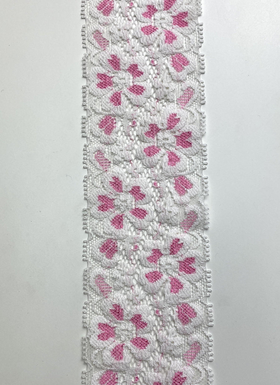 Stretch Pink and White Floral Lace - FabricPlanet